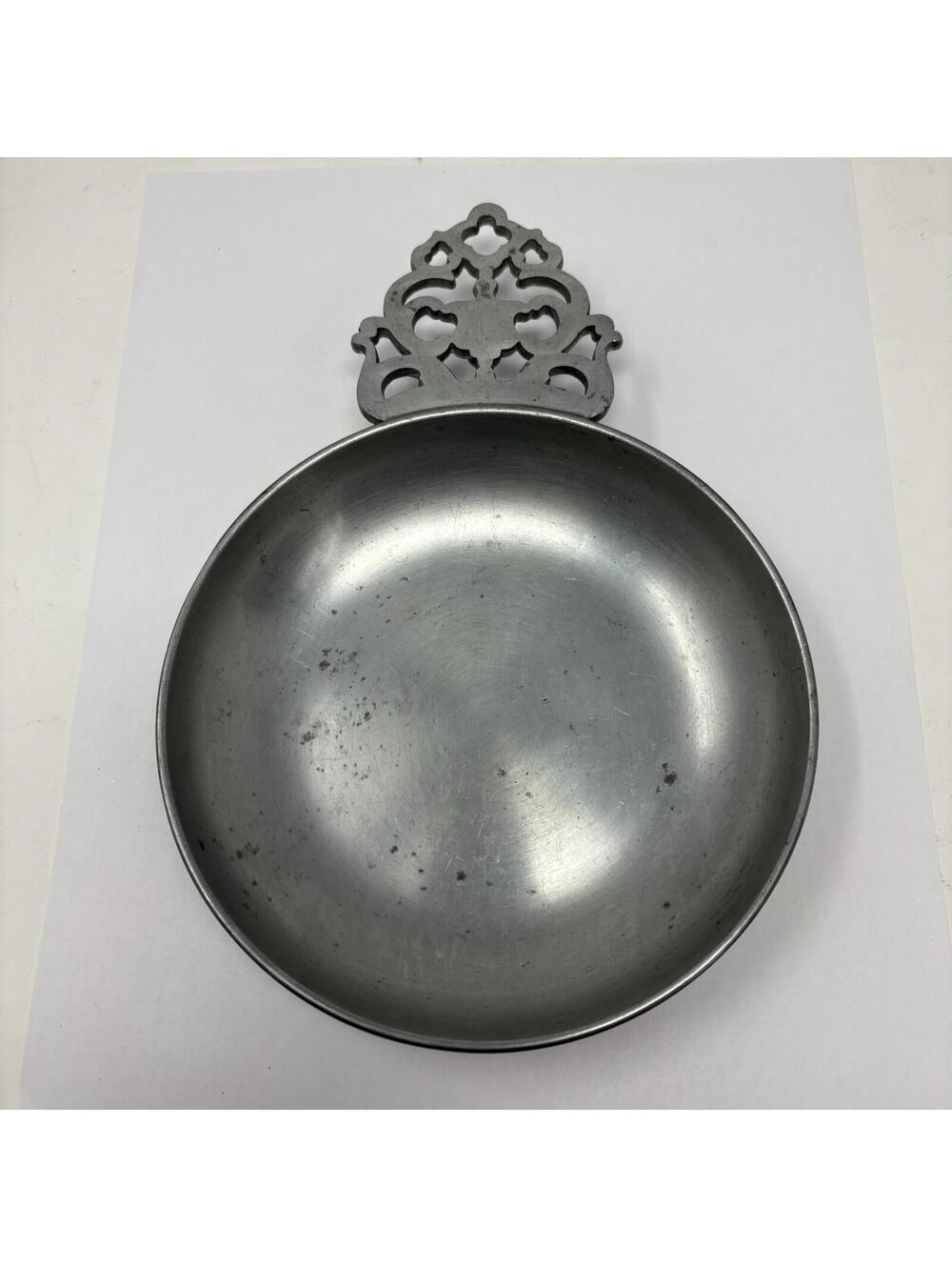 Vintage Stede Pewter 6" Porringer Dish Horse Head Logo 8 1/2" with Handle